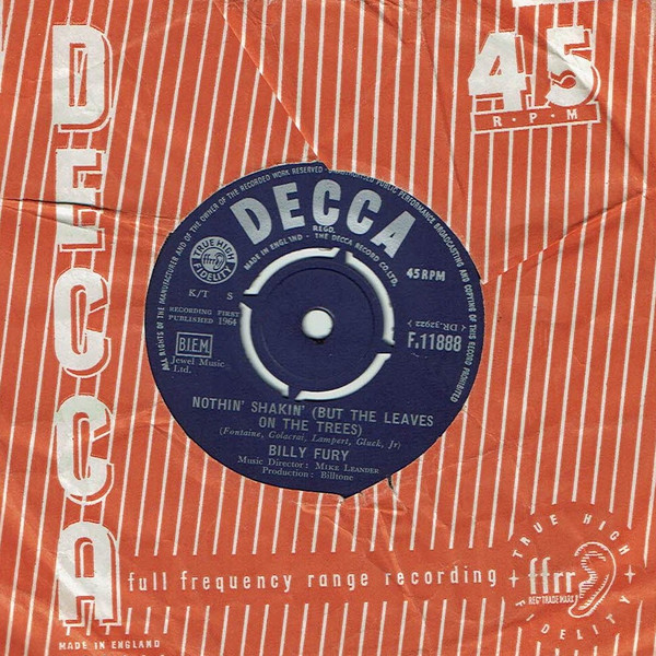 Billy Fury - Nothin' Shakin' (But The Leaves On The Trees) 7 Inch Vinyl Single (7 Inch Record) (Jukebox Record)