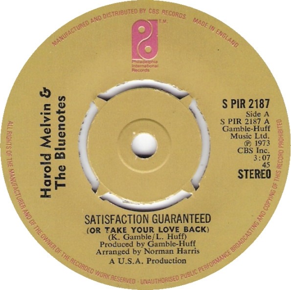 Harold Melvin and The Bluenotes - Satisfaction Guaranteed (Or Take Your Love Back) 7 Inch Vinyl Single (7 Inch Record) (Jukebox Record)