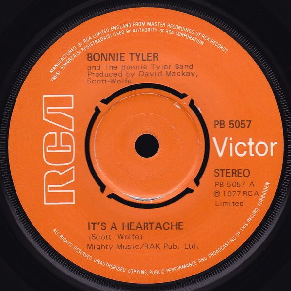 Bonnie Tyler And The Bonnie Tyler Band - It's A Heartache 7 Inch Vinyl Single (7 Inch Record) (45 Record) (Jukebox Record)
