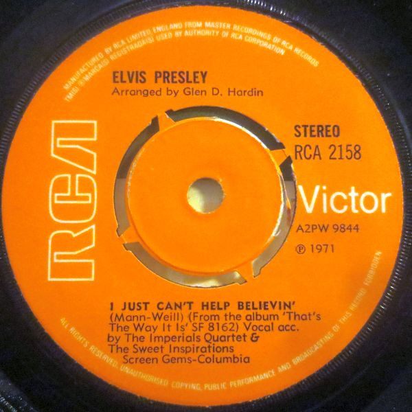 Elvis Presley - I Just Can't Help Believin' 7 Inch Vinyl (7 Record, Single) (Jukebox Record)